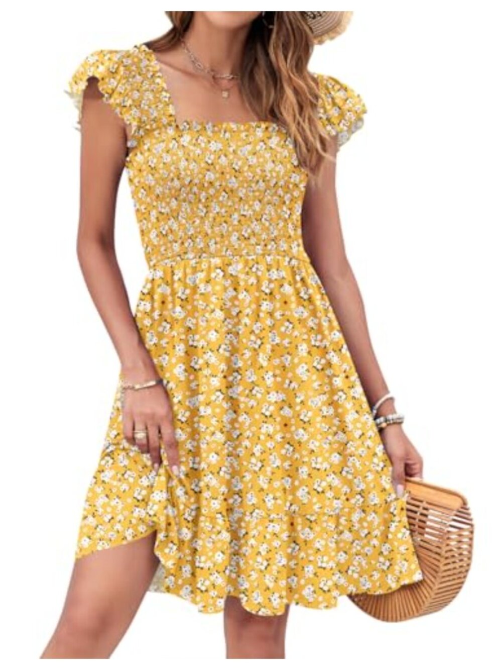 Flowy Square Neck Ruffle Sleeve Mini Sundress Women Casual Beach
